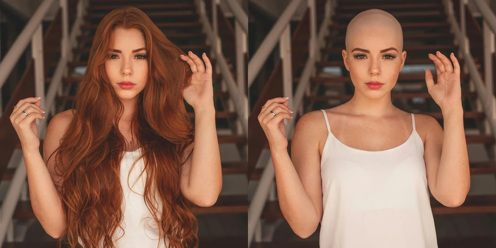Original and bald portrait pair from the Bald Converter gallery.